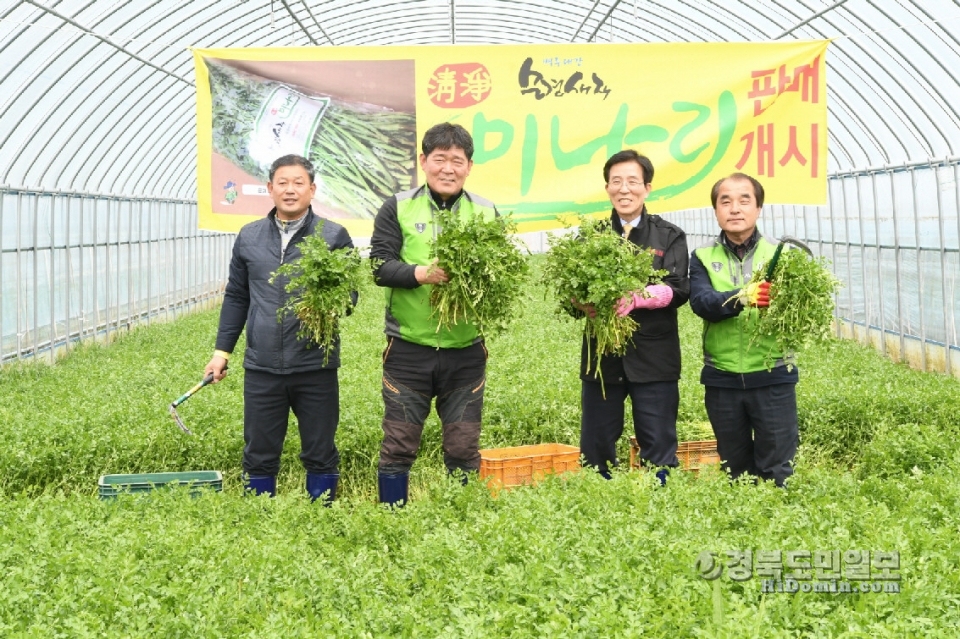 고윤환(오른쪽 세번째) 시장이 농민들과 함께 문경새재청정미나리를 들고 환하게 웃고 있다.