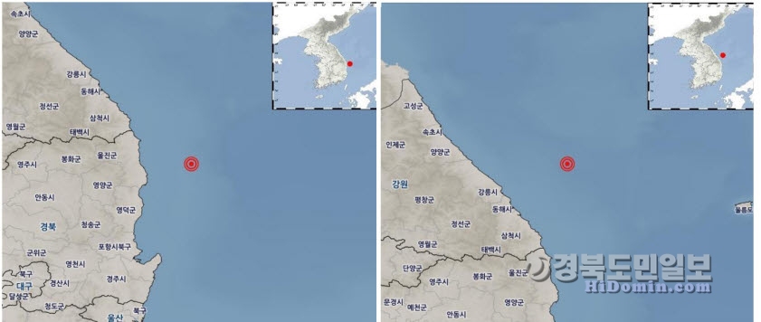 4월 22일 울진에서 발생한 지진 위치(왼쪽), 지난 19일 동해에서 발생한 지진 위치(오른쪽)  사진=기상청캡쳐