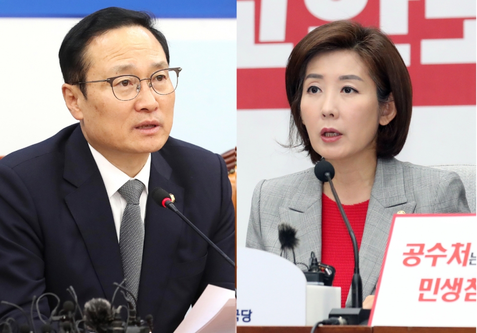 홍영표(왼쪽)민주당 원내대표와 나경원 한국당 원내대표.