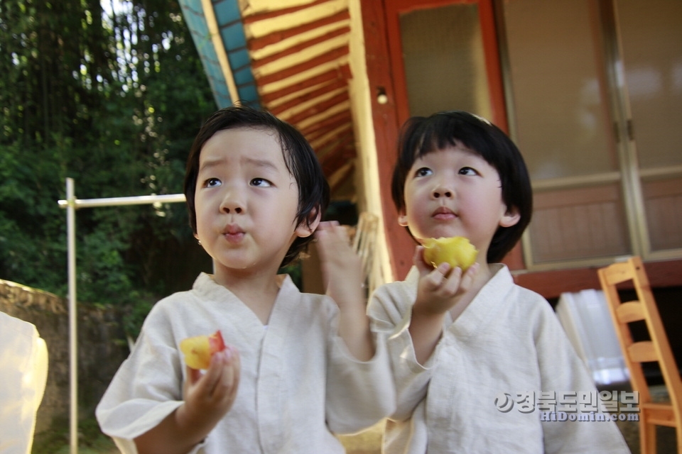김천자두를 맛있게 먹고 있는 어린이들.