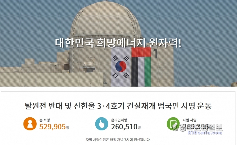 탈원전 반대 서명이 50만을 돌파했다. 사진=탈원전 반대 및 신한울 3·4호기 건설재개 범국민 서명 운동 사이트캡쳐