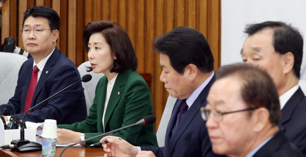 나경원 자유한국당 원내대표가 12일 서울 여의도 국회에서 열린 원내대책회의에서 모두발언을 하고 있다.