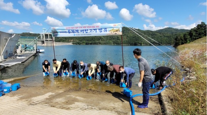 경북도 수산자원연구원 토속어류산업화센터에서 어린동자개 50만 마리를 방류했다. 사진제공=경북도