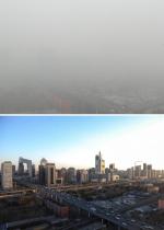 스모그로 뒤덮힌 베이징 시내. 아래 사진은 스모그가 없을때 모습. 연합