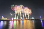 제12회 포항국제불빛축제의 메인행사인 국제불꽃쇼가 열린 지난 1일 형산강체육공원에 포스코 포항제철소를 배경으로 화려한 불꽃들이 밤하늘을 수놓고 있다.