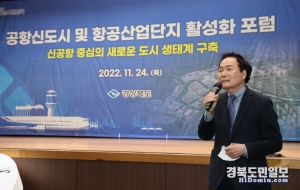 김주수 의성군수가 공항신도시 및 항공산업단지 활성화 포럼에서 발표를 하고 있다.