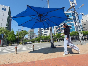최근 포항시청 광장 횡단보도 앞에 대형 우산형 그늘막이 설치돼 시민들에게 그늘을 선물하고 있다. 뉴스1