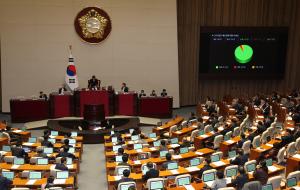 21일 서울 여의도 국회에서 열린 제411회국회(임시회)제2차본회의에서 2024년도 예산안이 통과되고 있다.