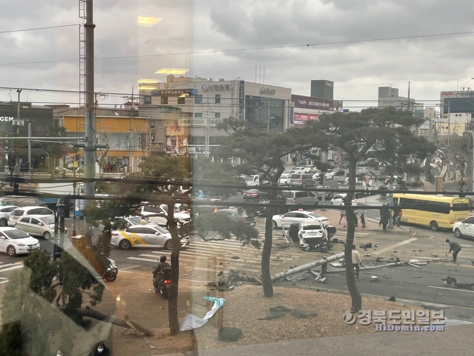 24일 오전 10시 30분께 포항시 북구 죽도동 5호 광장 네거리에서 suv차량이 소나무와 전봇대를 들이받는 사고가 발생했다. (사진=독자제공)